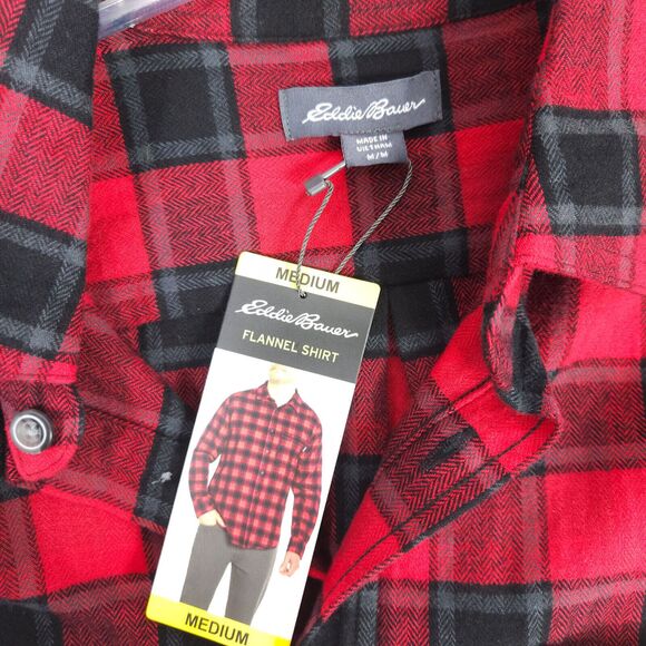NWT Eddie Bauer Mens Medium Red Black Plaid Flannel Long Sleeve Button Up Shirt - Picture 3 of 7